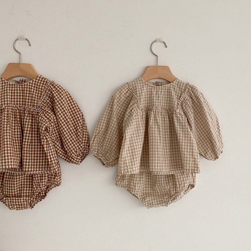 Baby Girls Plaid Puff Sleeve Blouse + Bloomer set