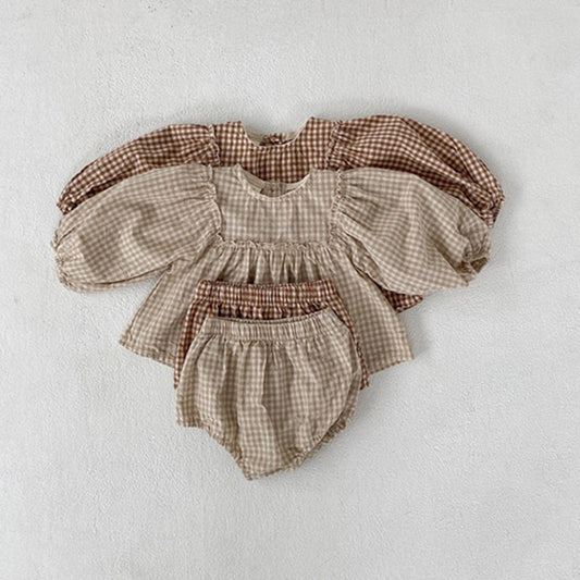 Baby Girls Plaid Puff Sleeve Blouse + Bloomer set