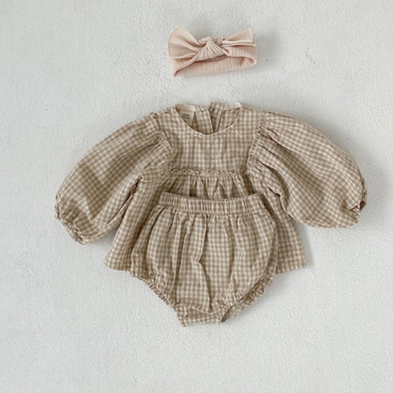 Baby Girls Plaid Puff Sleeve Blouse + Bloomer set