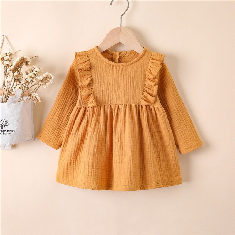 Girls Ruffles Long Sleeve Dress-Ivory