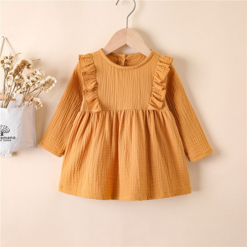 Girls Ruffles Long Sleeve Dress-Coffee