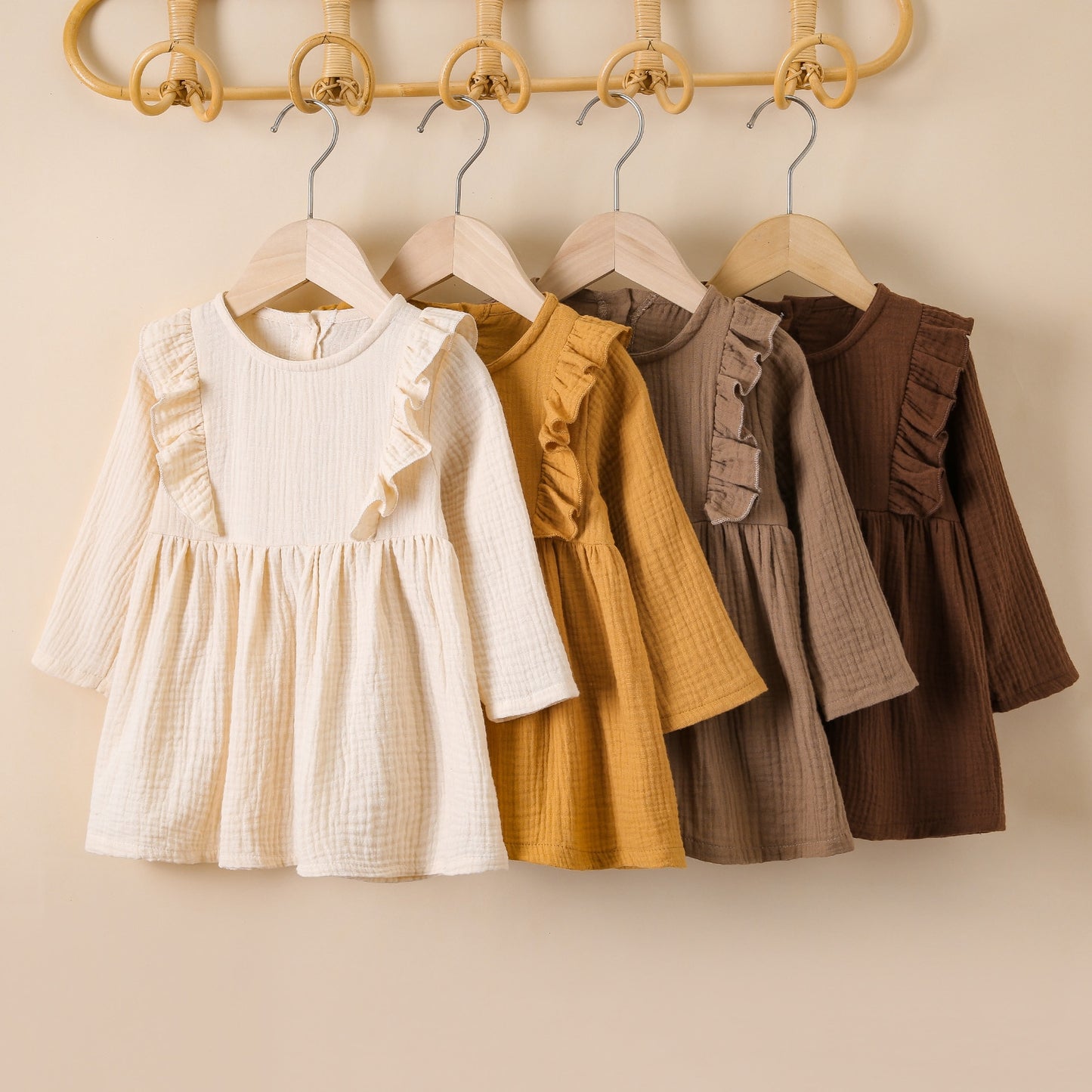 Girls Ruffles Long Sleeve Dress-Coffee