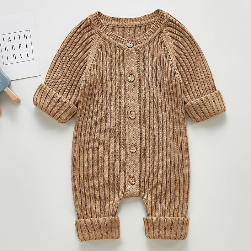 Boys Knit Cotton Long Sleeve One piece Outfit-Beige