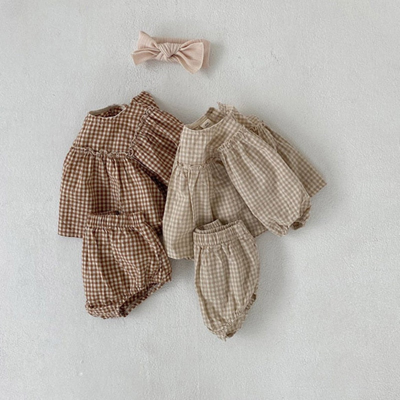 Baby Girls Plaid Puff Sleeve Blouse + Bloomer set