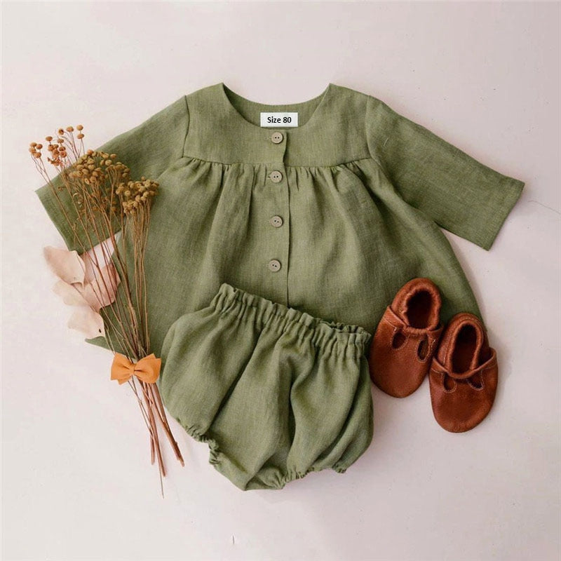 Girls Linen Cotton Girls Blouse + Bottom Set- Olive Green