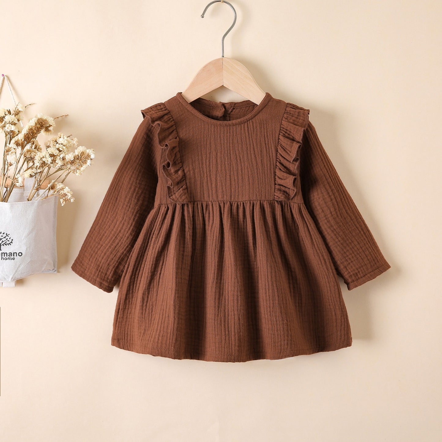 Girls Ruffles Long Sleeve Dress-Coffee