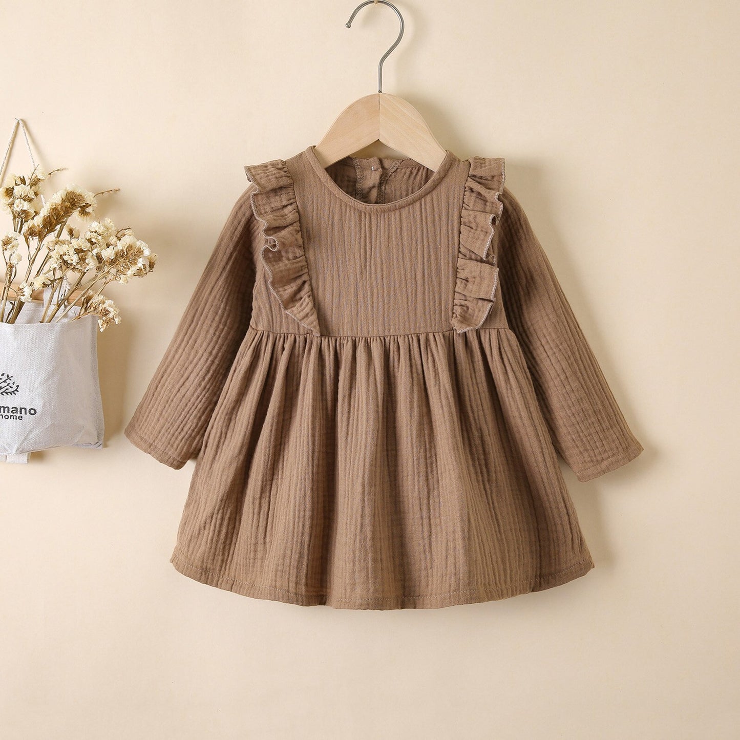 Girls Ruffles Long Sleeve Dress-Ivory