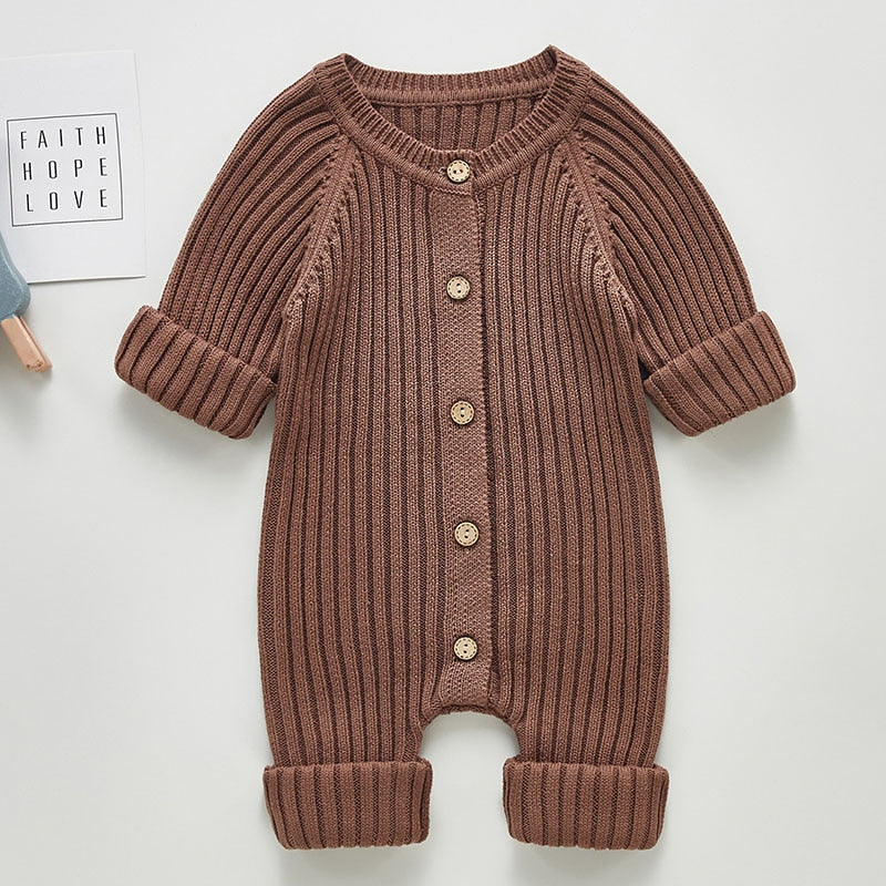 Boys Knit Cotton Long Sleeve One piece Outfit-Coffee