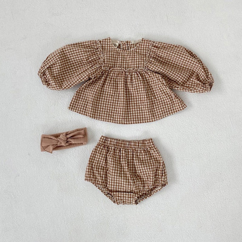 Baby Girls Plaid Puff Sleeve Blouse + Bloomer set