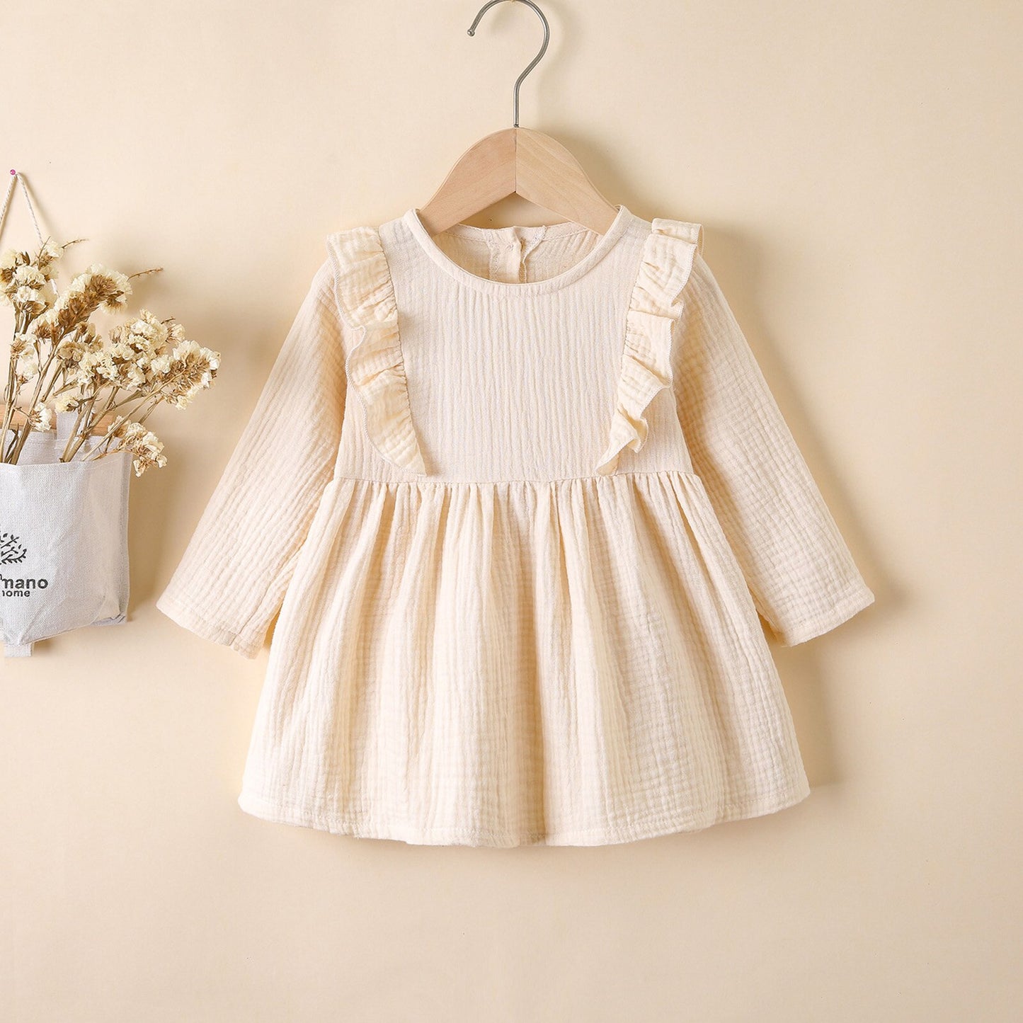 Girls Ruffles Long Sleeve Dress-Ivory