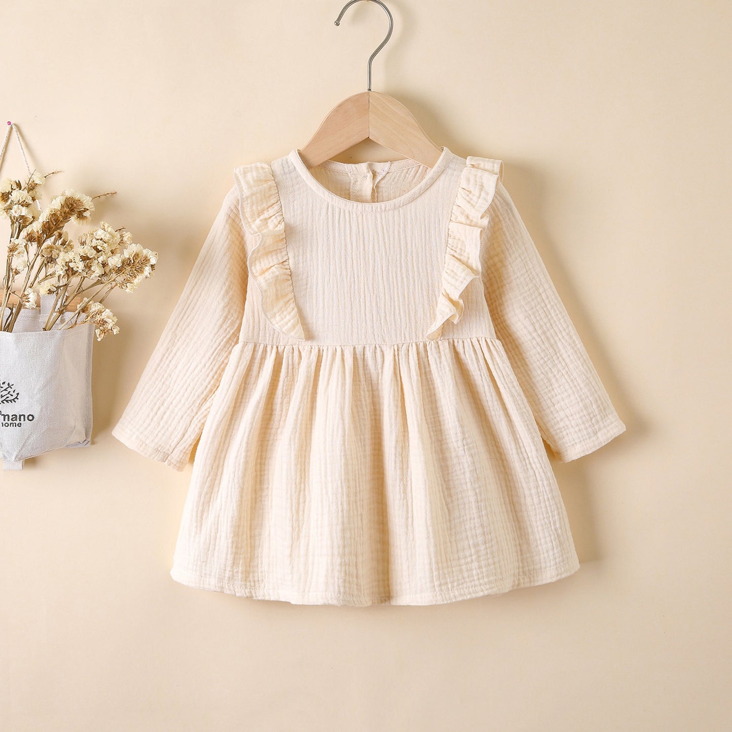 Girls Ruffles Long Sleeve Dress-Coffee