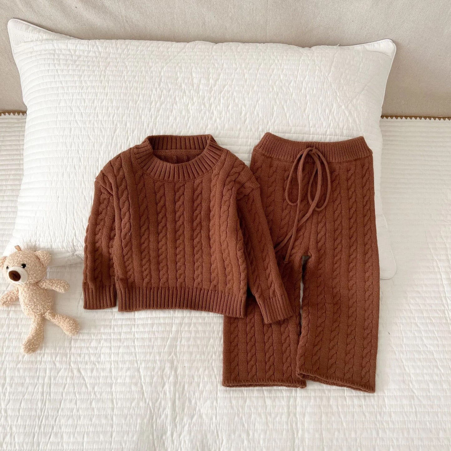 Knit Sweater & Drawstring Trousers Set -Coffee