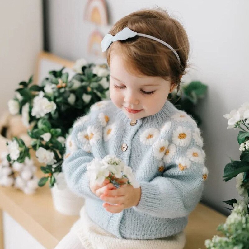 Light Blue Solid Daisy Embroidered Children Sweater