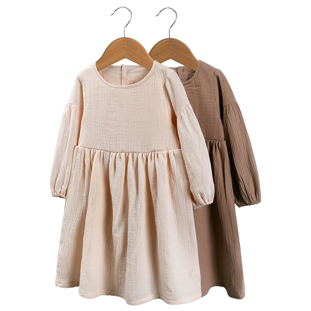 Girls Solid Long Sleeve Rural Dress-Ivory