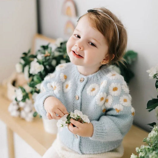 Light Blue Solid Daisy Embroidered Children Sweater