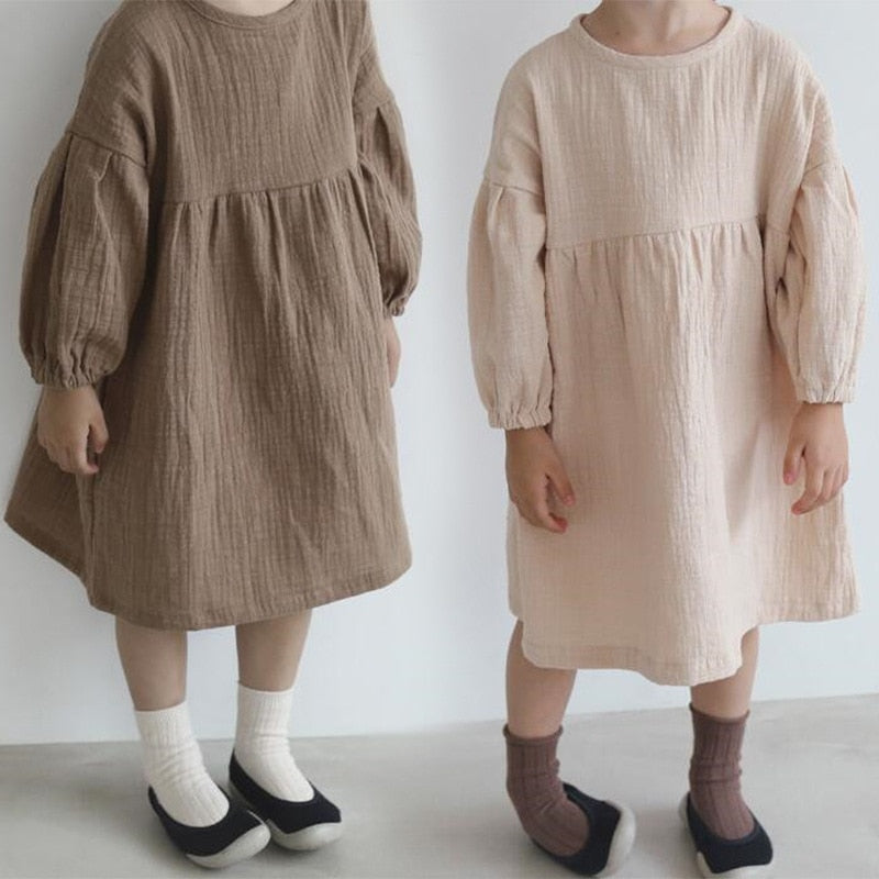 Girls Solid Long Sleeve Rural Dress-Ivory