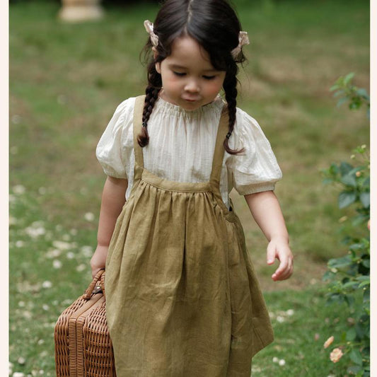 Baby Girl Green Cotton Ruffle Suspender Skirt-Mustard