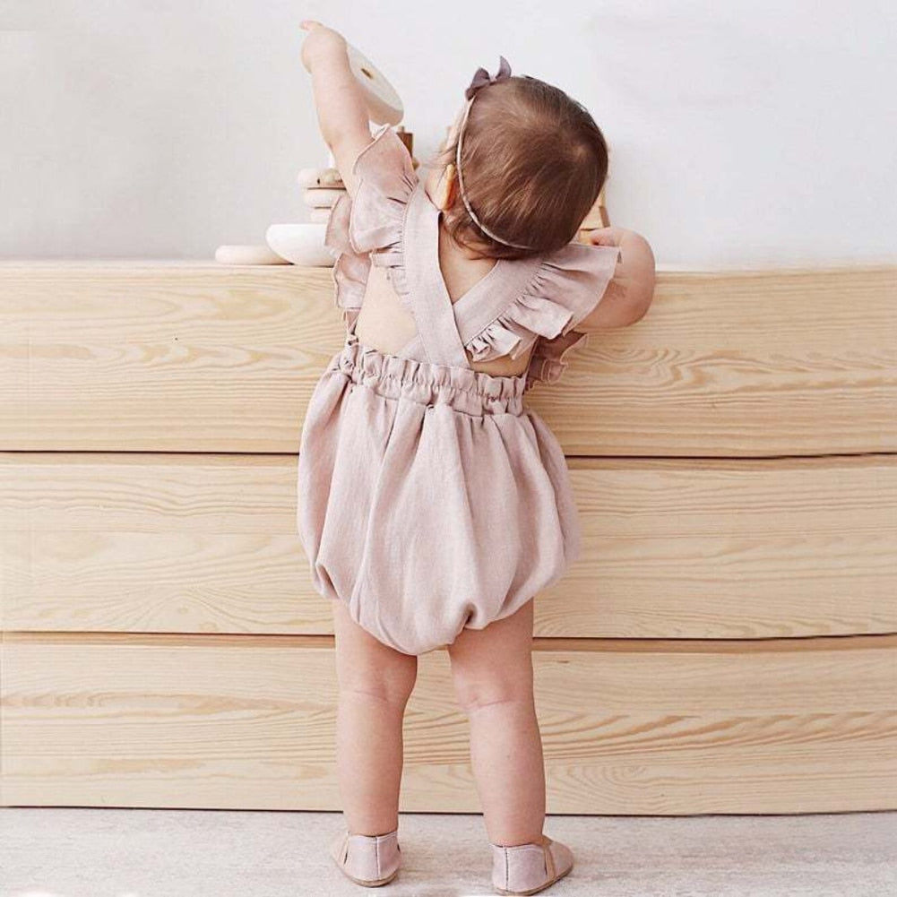 Baby Girls Ruffle Romper -Cotton Linen Fabric