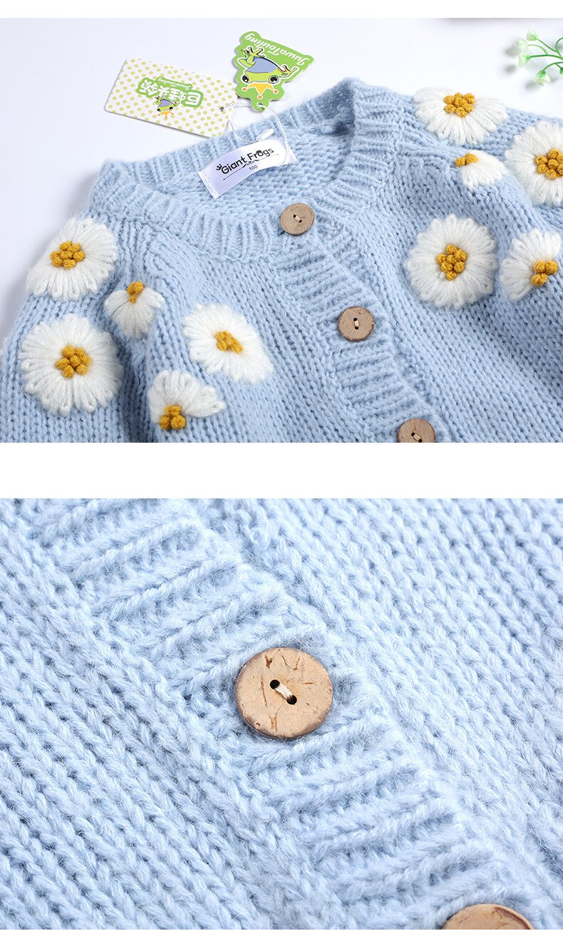 Light Blue Solid Daisy Embroidered Children Sweater