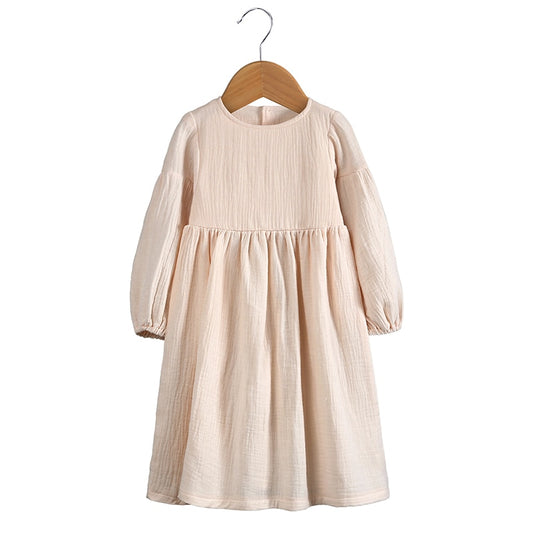 Girls Solid Long Sleeve Rural Dress-Ivory