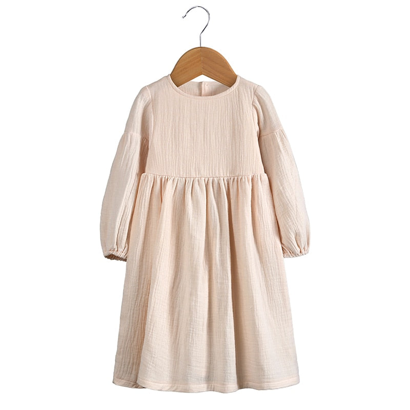 Girls Solid Long Sleeve Rural Dress-Cocoa