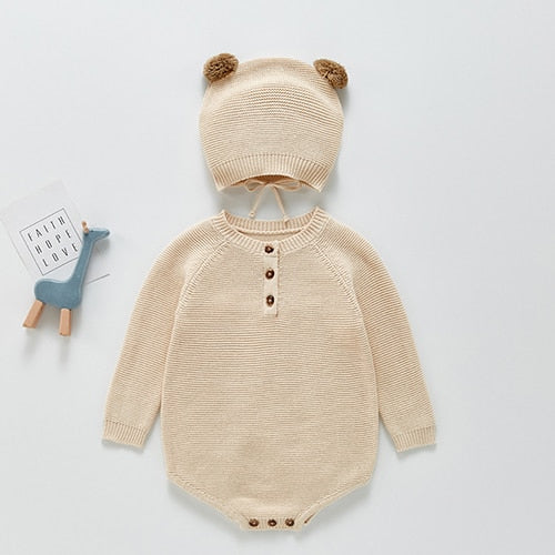 Boys Knit Cotton Long Sleeve One piece Outfit-Coffee