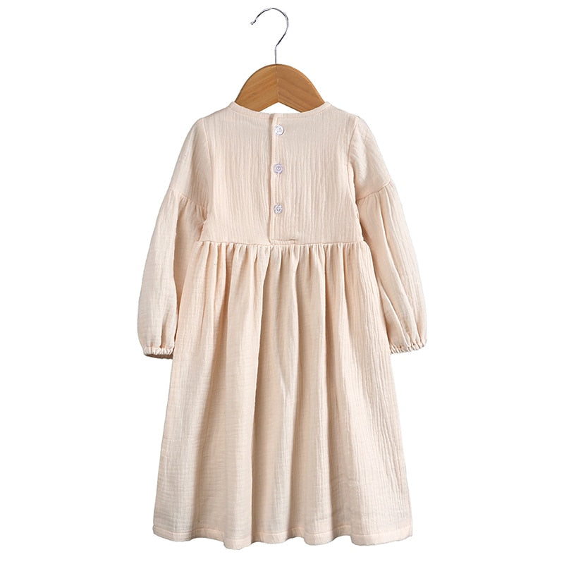 Girls Solid Long Sleeve Rural Dress-Ivory