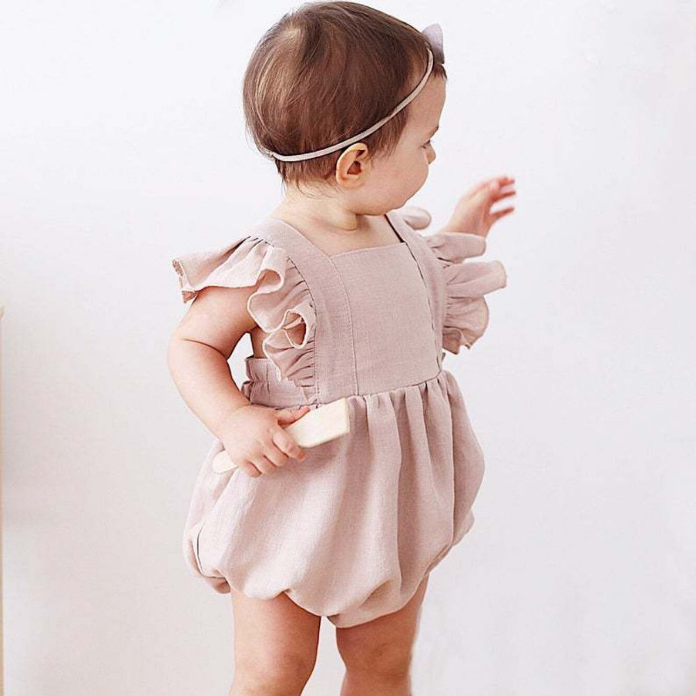 Baby Girls Ruffle Romper -Cotton Linen Fabric