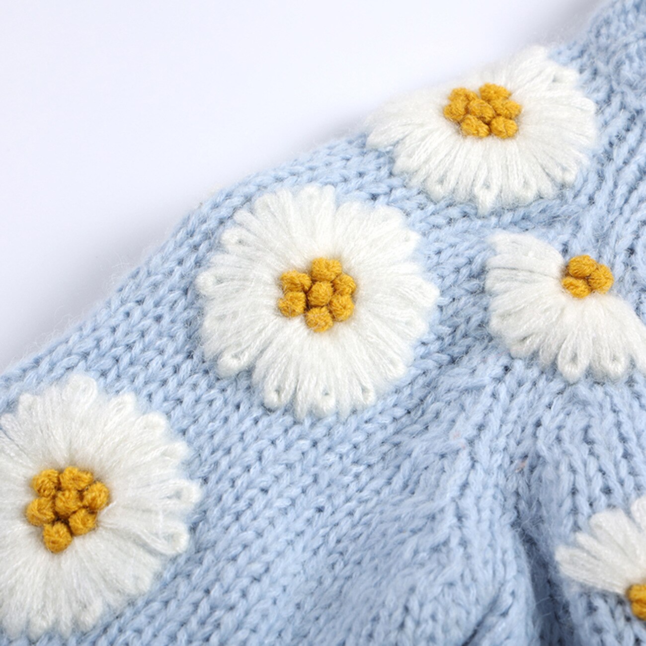 Light Blue Solid Daisy Embroidered Children Sweater