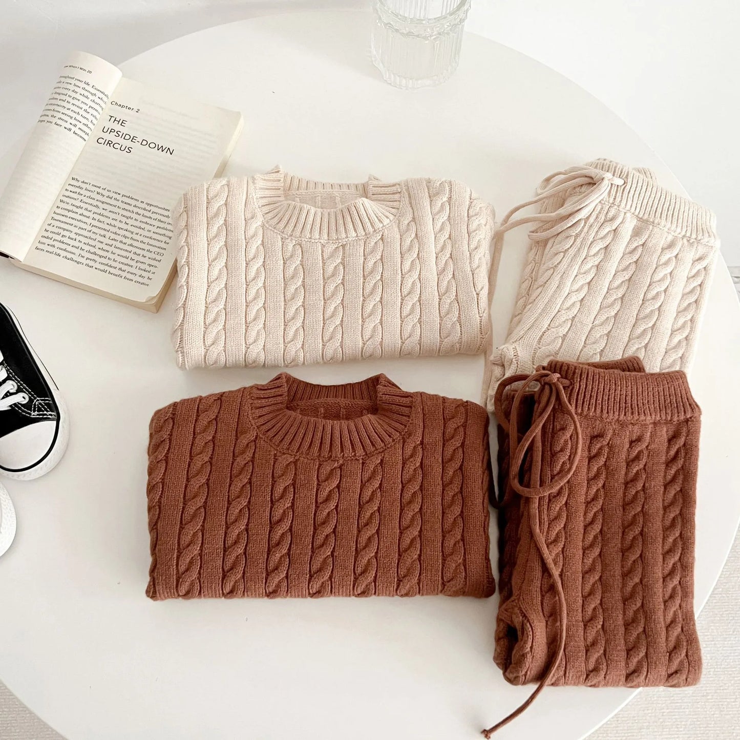 Knit Sweater & Drawstring Trousers Set -Coffee